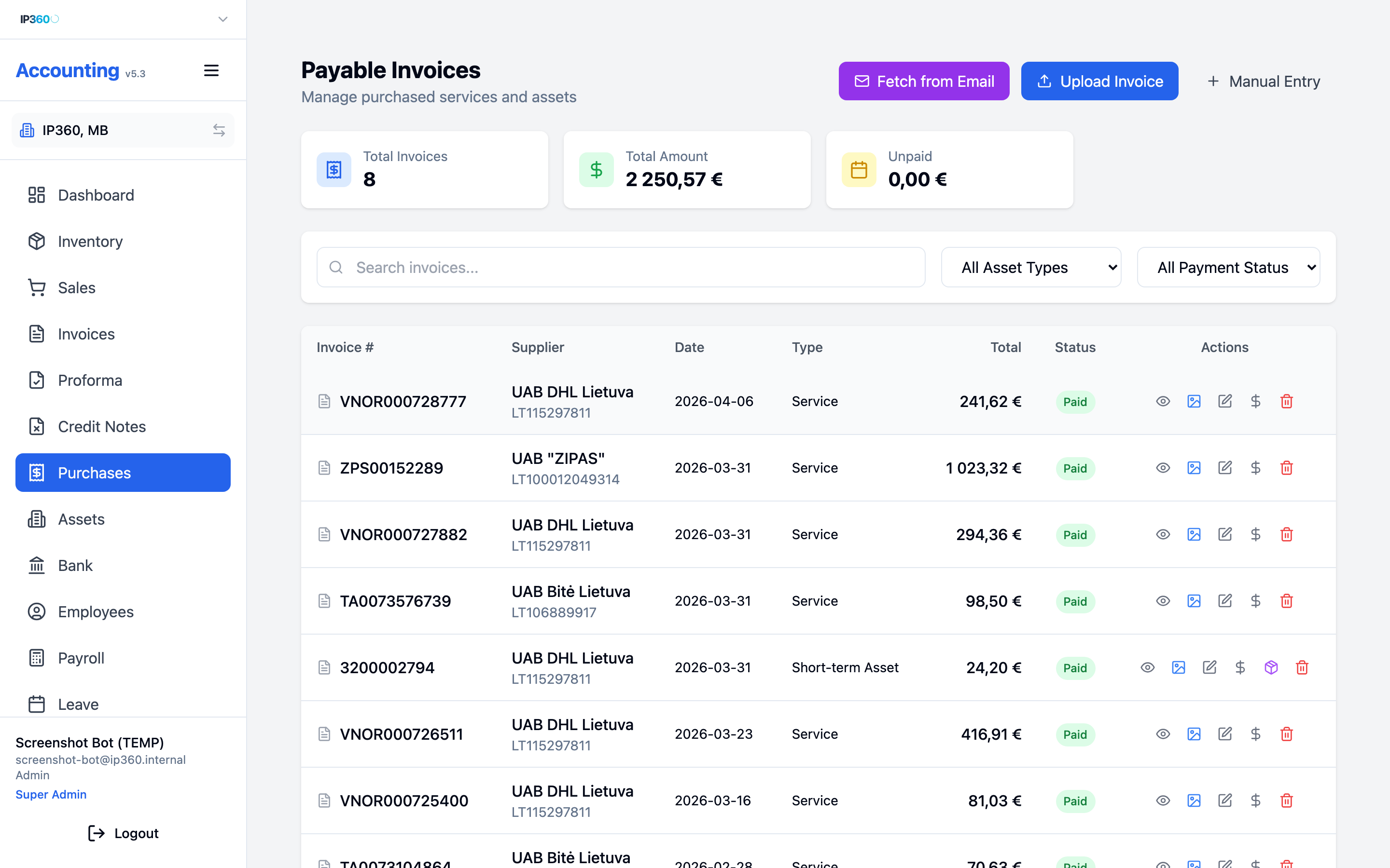 Pirkimų (Payables) puslapis — tiekėjų sąskaitų sąrašas.