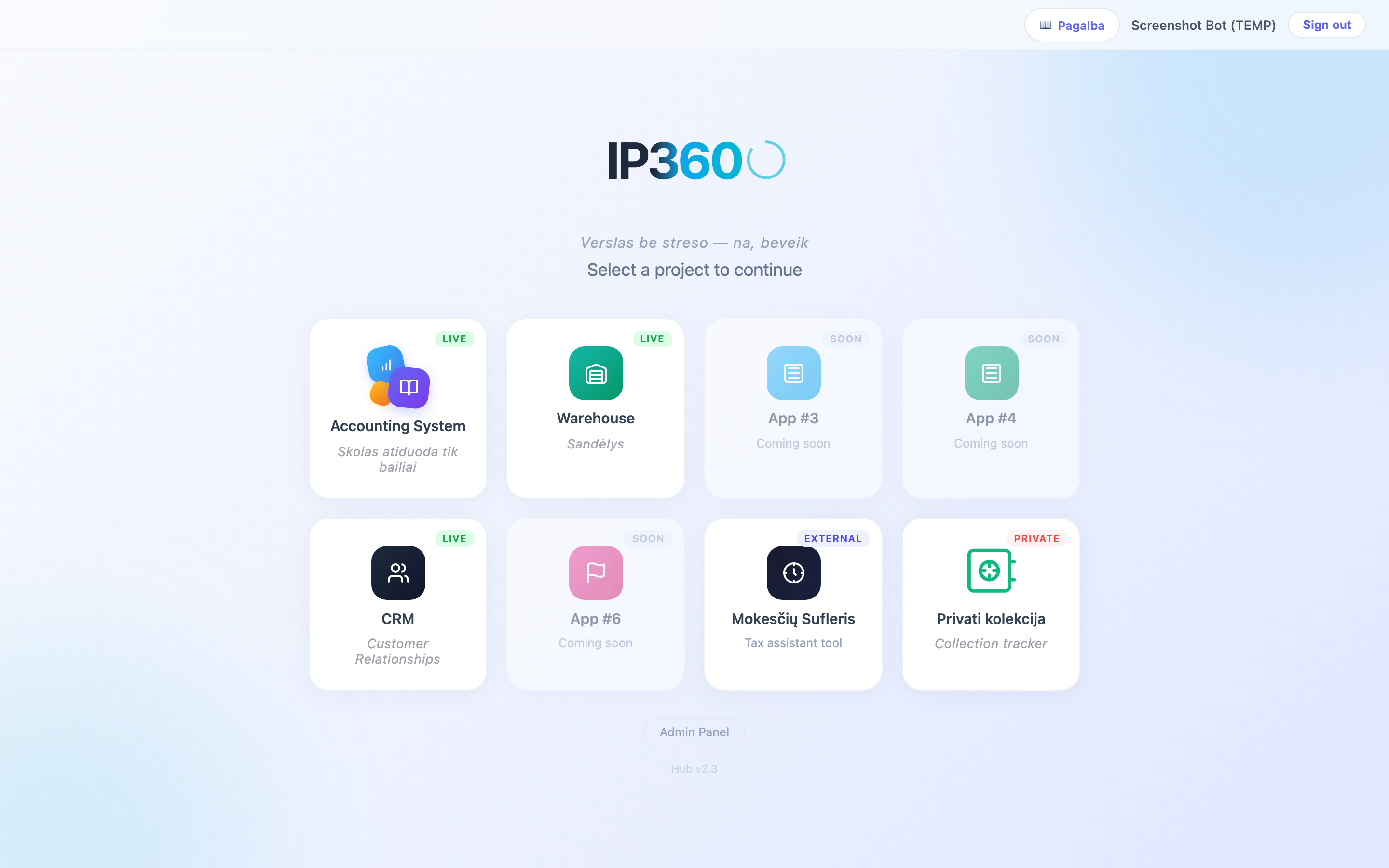 ip360 hub pagrindinis puslapis su programų kvadratėliais